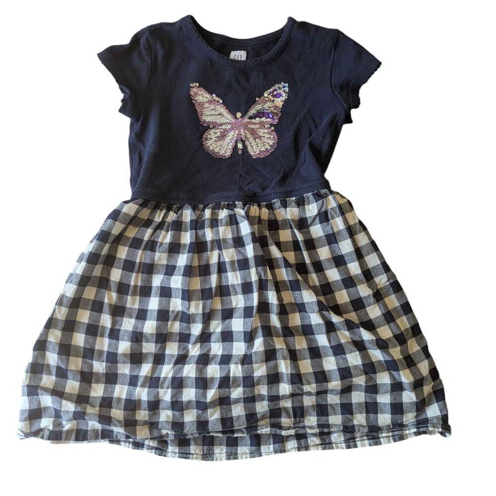 Gap Kids Girls Small (6/6x) Butterfly Sequin Short Sleeve Dress, Gingham Skirt